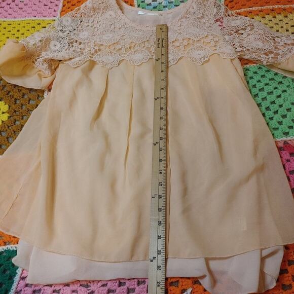 Simply Couture Pale Pink Blouse Size Medium M Lace Crocket Short Sleeve Sheer - Picture 4 of 15